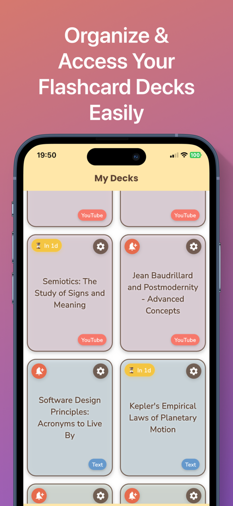 FlashCardify - AI Flashcards - A mobile screen showing a library of organized flashcard decks with topics like philosophy and science in the FlashCardify app.