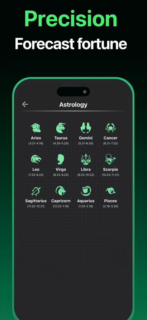 AI Chatbot - Ask AI Anything - Mobile app interface displaying twelve zodiac signs for precision fortune forecasting