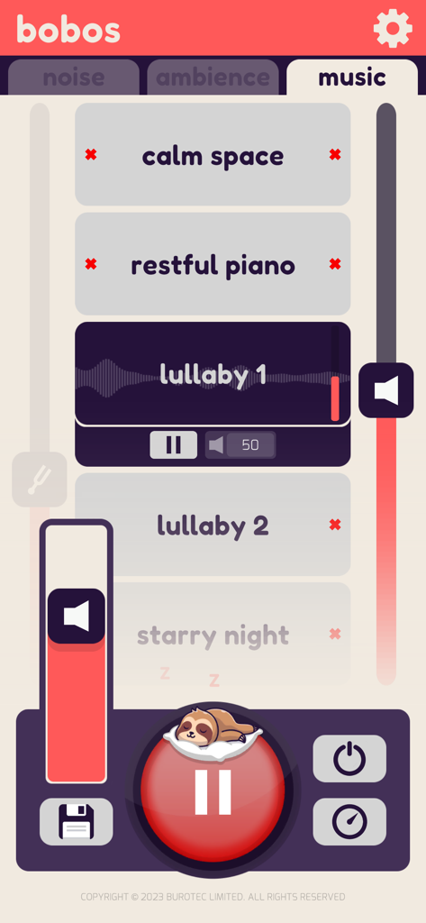 Fan App - Sleep Aid - The Fan App Sleep Aid interface showing the music tab with a list of soothing tracks like lullabies and restful piano, along with a sleeping sloth play button.