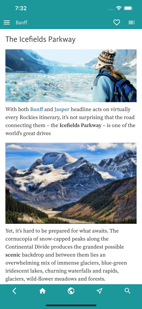 Banff & Canada's Rockies Guide - A screenshot of the Icefields Parkway article within the Banff and Canada's Rockies Guide app featuring scenic mountain landscapes.