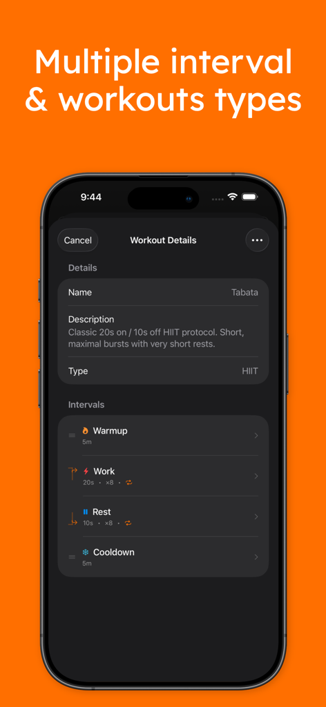 Interval Timer Tabata Workout - Tela do smartphone mostrando detalhes do treino Tabata HIIT com aquecimento, trabalho, descanso e intervalos de desaquecimento.