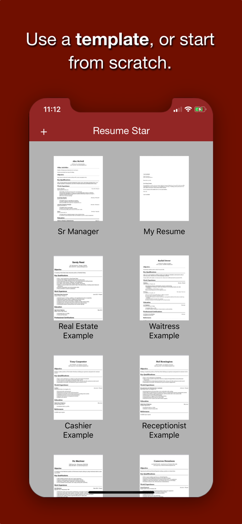 Resume Star: Pro CV Maker - Interface do aplicativo Resume Star mostrando modelos de currículo profissionais para vários empregos como gerente, garçonete e caixa.