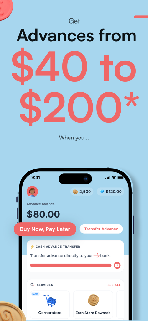 Gerald - Cash Advance - Gerald app screen displaying cash advance limits from 40 to 200 dollars and buy now pay later services