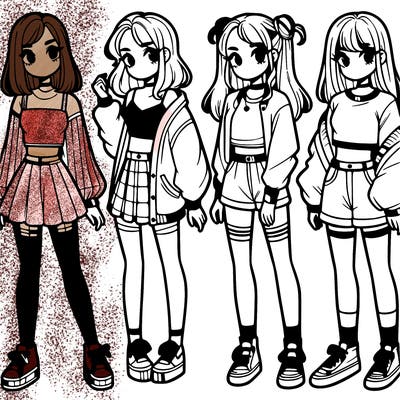 one girl with crop-top shirt and a jacket with a skirt, long socks and another girl with a shirt and pants with a jacket