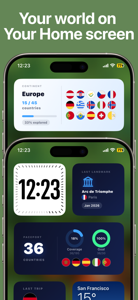 Pantalla de inicio de iPhone mostrando widgets del rastreador de viajes para países visitados y puntos de referencia