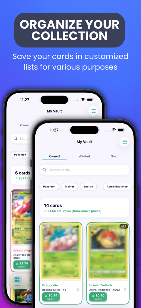 Poke TCG Vault - Card Value - Una captura de pantalla de la aplicación Poke TCG Vault que muestra la pantalla de gestión de la colección con listas de cartas poseídas y deseadas.