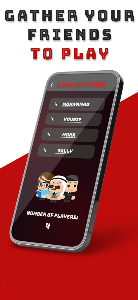 Un écran mobile montrant les paramètres du jeu pour l'application Spy Game avec une liste de quatre noms de joueurs et des avatars de personnages de dessins animés.
