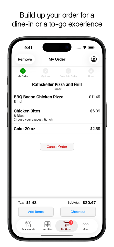 Florida Tech Campus Dining - Florida Tech Campus Dining app showing a food order summary for Rathskeller Pizza and Grill