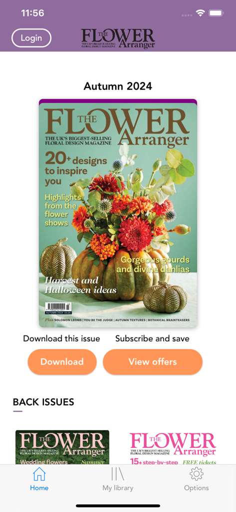Digital edition of The Flower Arranger magazine featuring autumn floral designs and subscription options.