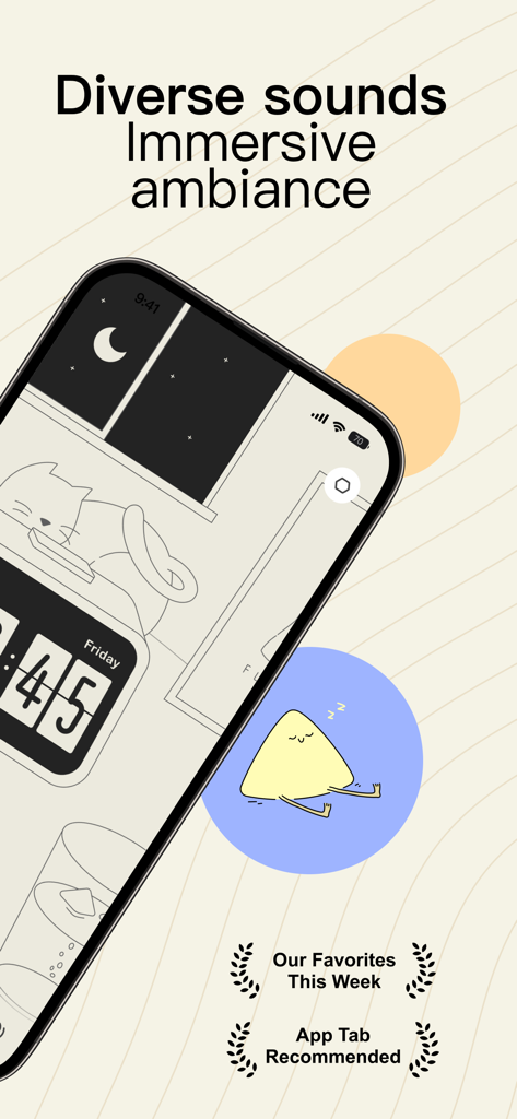 An iPhone displaying the Dtd Sounds app interface with a cozy hand drawn room featuring a sleeping cat and a digital clock