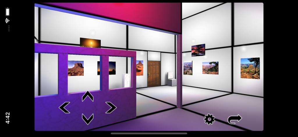 3D Gallery - Interface of a virtual 3D gallery displaying photos on white walls with navigation arrows