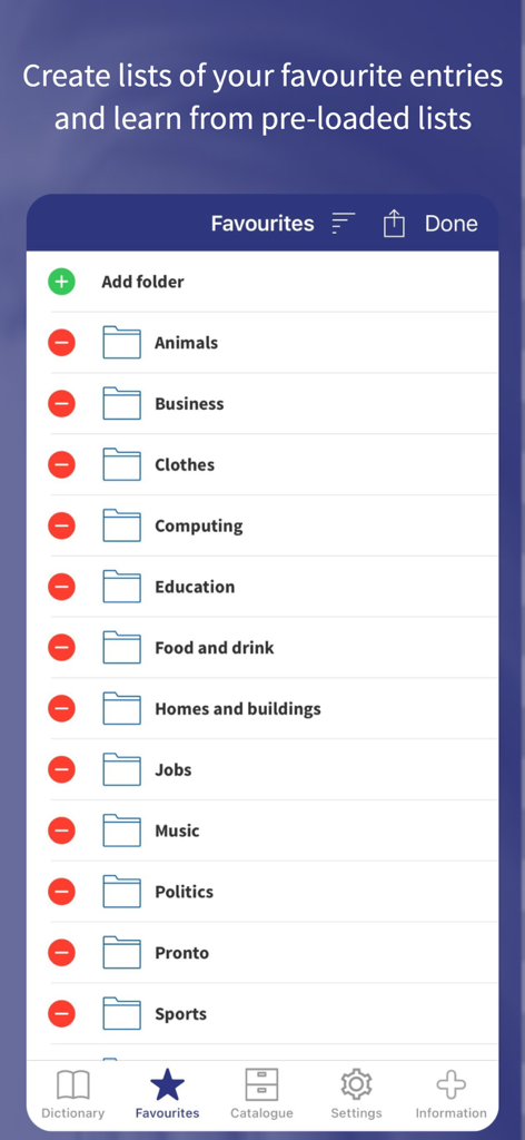 Oxford Learner’s Dictionaries - Oxford Learners Dictionaries app screenshot showing organized vocabulary folders in the Favourites section