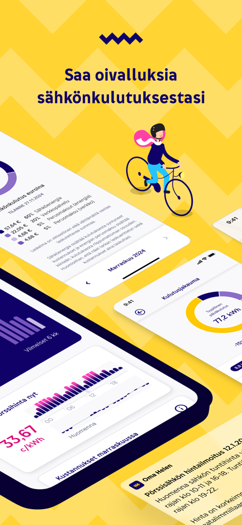 Oma Helen - Screenshots of the Oma Helen mobile app showing electricity consumption tracking and energy cost insights.