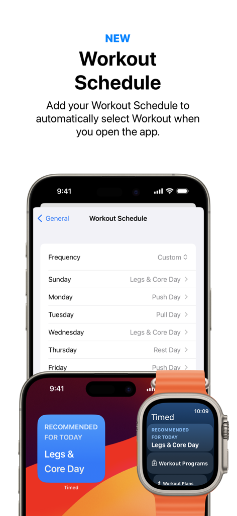 Timed: Workout Timer & Planner - Timed app workout schedule interface on iPhone and Apple Watch showing a weekly fitness plan