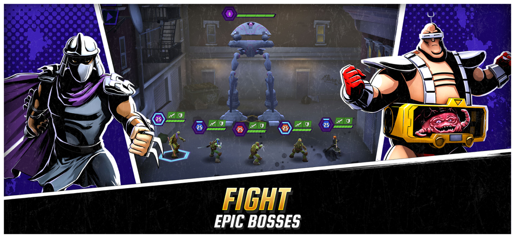 Ninja Turtles: Legends - Gameplay screenshot of Ninja Turtles Legends featuring Shredder and Kraang with the text Fight Epic Bosses
