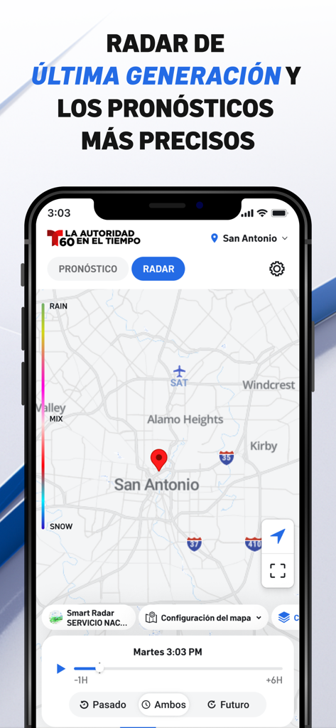 Telemundo 60 San Antonio - Telemundo 60 San Antonio mobile app displaying an interactive real-time weather radar map for the San Antonio area in Spanish