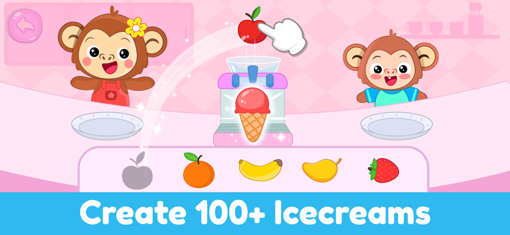 Kids Cooking Games for Toddler - Personagens de macaco fazendo sorvete de frutas em um jogo de culinária educativo e colorido para bebês