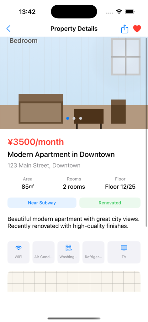 Rent-Apartments and Homes List - Interface of HomeList app showing property details for a modern apartment rental including price and amenities
