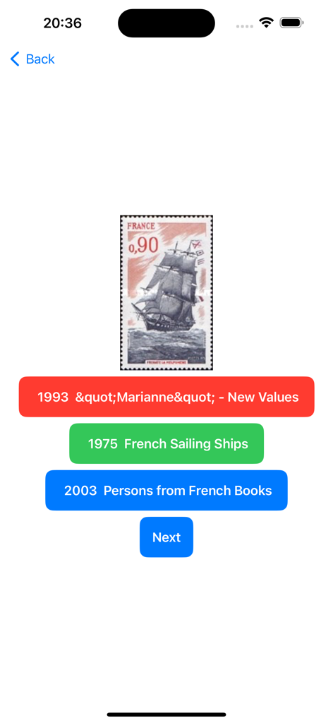 Stamp Collector: World Catalog - Stamp identification quiz screen showing a French sailing ship postage stamp with multiple choice answer options