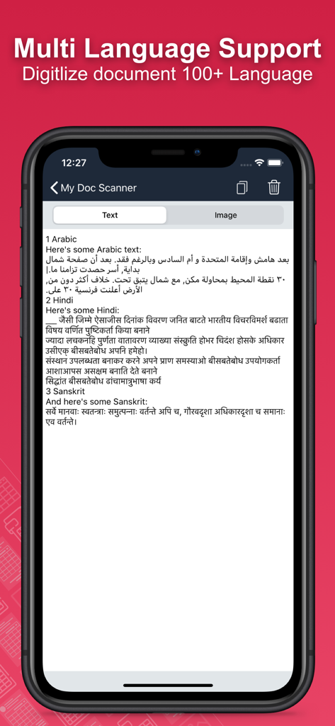複数の言語でドキュメントをデジタル化するモバイルアプリ画面