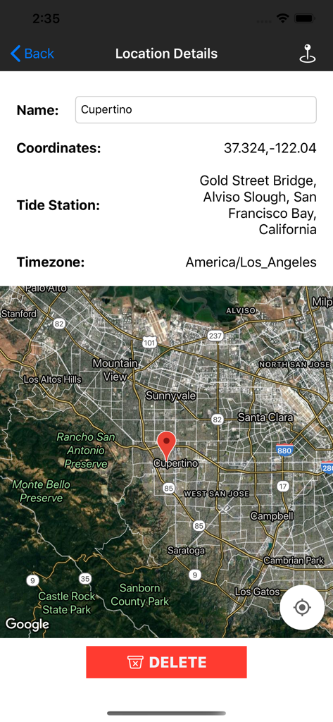 Fishing Times Pro - Fishing Times Pro screen showing location details with coordinates tide station info and a map view