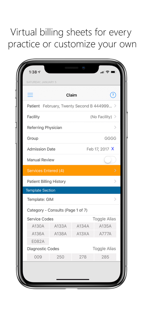 MDBilling.ca mobile app interface showing a digital OHIP claim form with service and diagnostic codes