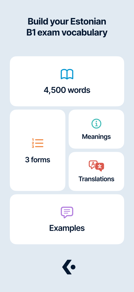 Kasti Eesti: Memorize Words - Interface of Kasti Eesti app highlighting features like 4500 words, three word forms, translations, and examples for Estonian B1 exam preparation.