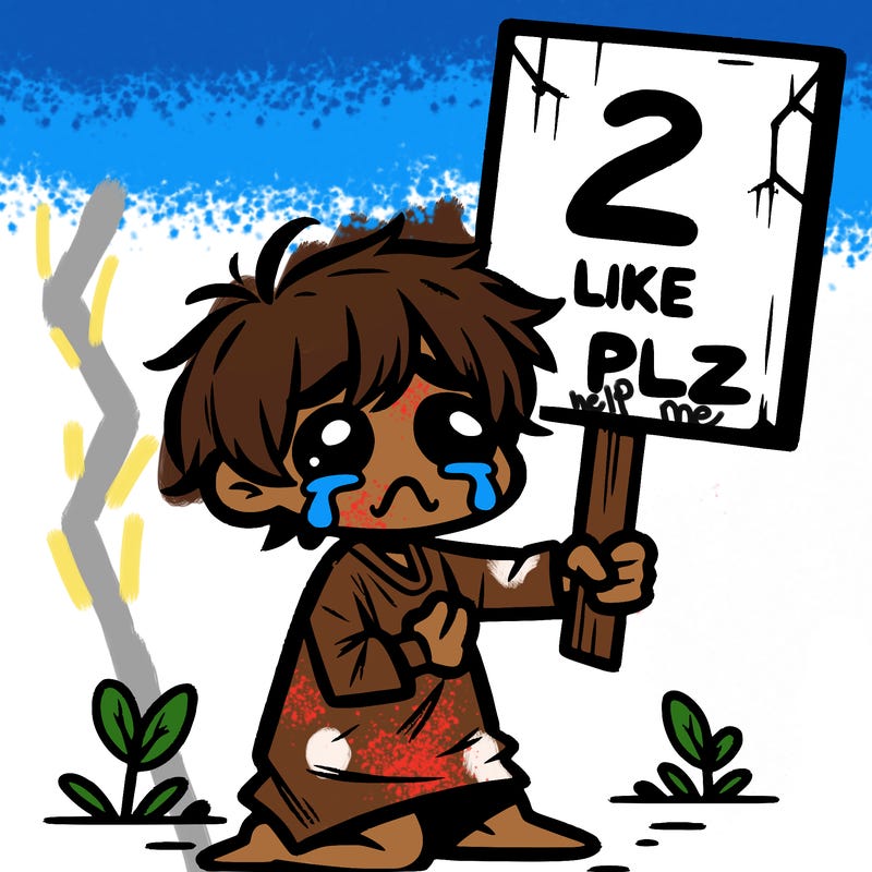 small poor toddler crying with sign that says 2 like plz