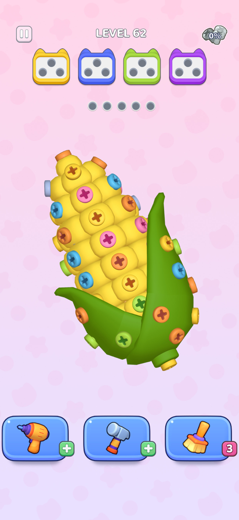 Level 62 of 3D Bolt Master featuring a corn on the cob with colorful screws and cat-shaped sorting boxes