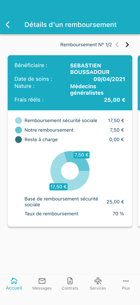 Écran d'une application mobile affichant des informations détaillées sur le remboursement des frais médicaux, avec un tableau récapitulatif.