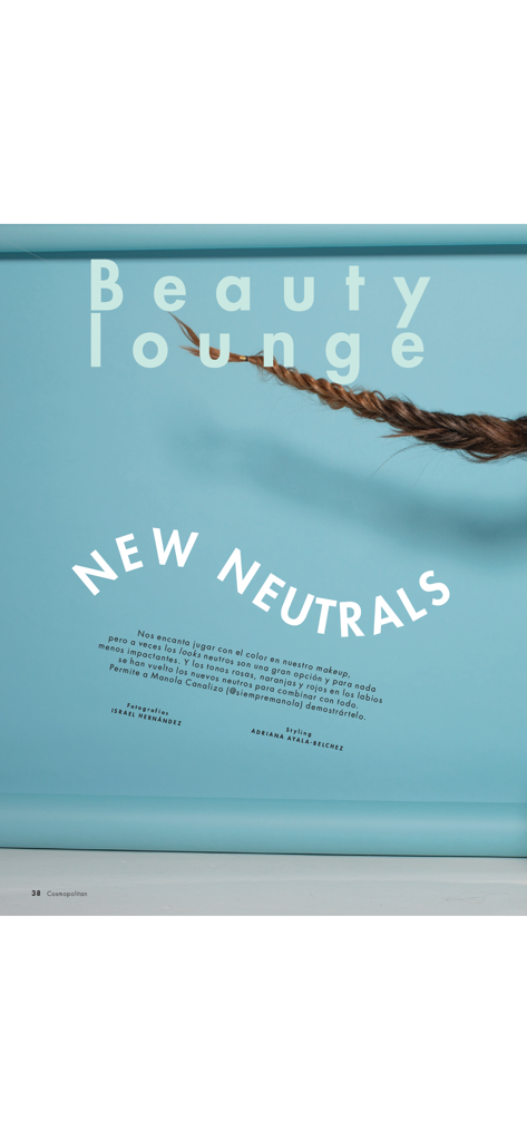 Página de revista digital de Cosmopolitan Mexico titulada Beauty Lounge, que presenta tendencias de maquillaje neutras y una trenza de cabello largo sobre un fondo azul claro.