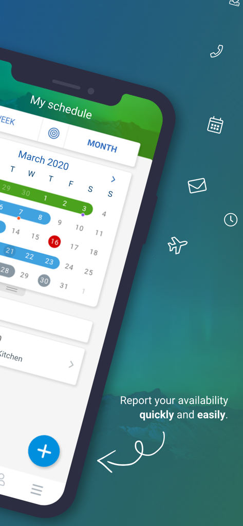 Dyflexis - Dyflexis mobile app interface showing a monthly work schedule calendar and a prompt to report availability.