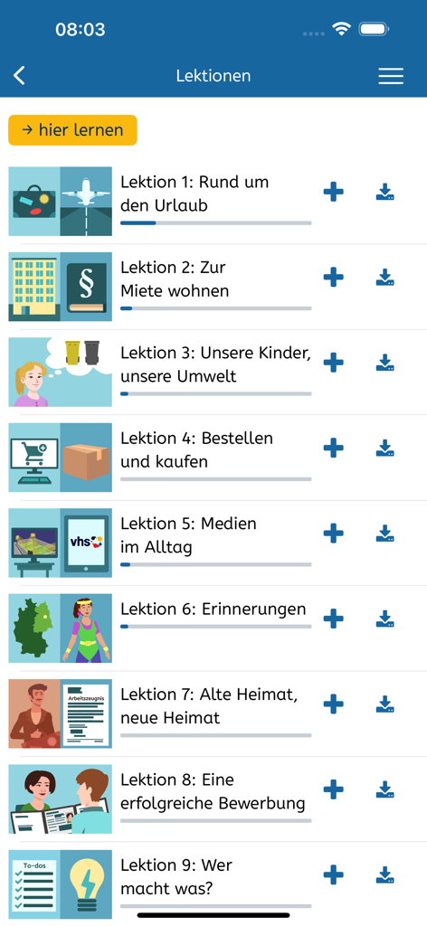 B1-Deutsch - Overview of the B1 German language course lessons in the B1-Deutsch app