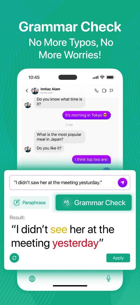 Textify: Smart Reply Assistant - A mobile app interface demonstrating a grammar check feature correcting an English sentence inside a messaging conversation.