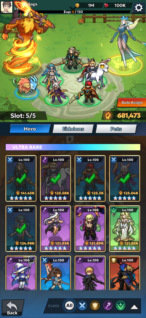 Fortias Saga: Idle RPG - Hero management screen in Fortias Saga showing a squad of anime-style characters and a collection of level 100 ultra rare hero cards