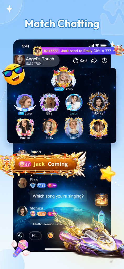 Whis-Chat, Party & Game - Interface of Whis app showing a group voice chat room with multiple user avatars and virtual gifting notifications