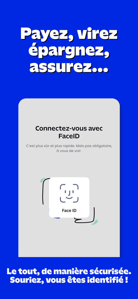 BforBank mobile App-Bildschirm, der die FaceID-Anmeldung für sicheres Banking zeigt