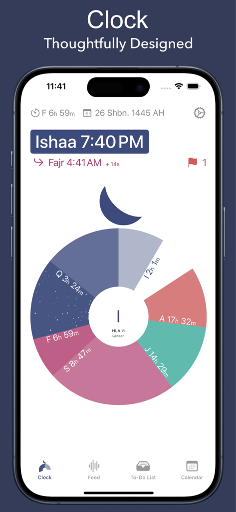 Aplicativo Salaty mostrando uma interface de relógio circular moderna para horários de oração em um iPhone