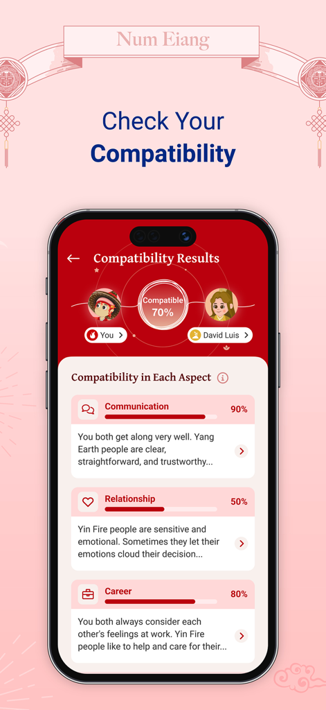 App screen showing astrological compatibility scores for communication relationship and career between two individuals