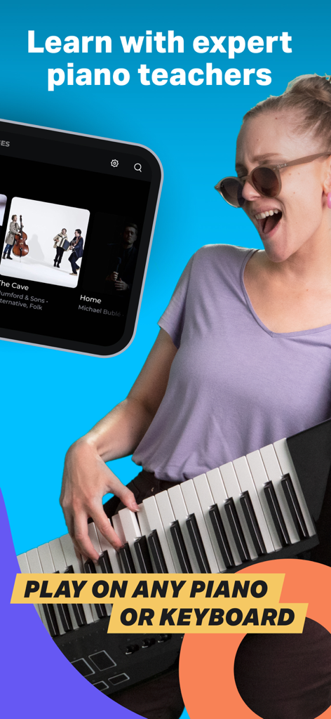 Piano by Yousician - A woman wearing sunglasses happily playing a MIDI keyboard with the Piano by Yousician app interface