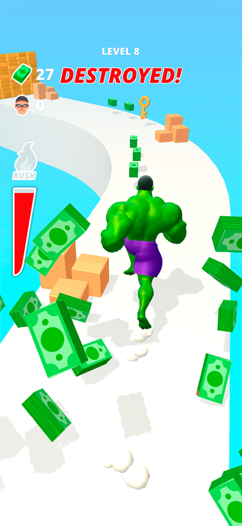 Muscle Rush - Destruction Run - Un personaje verde musculoso con pantalones cortos morados corriendo por un nivel en Muscle Rush recogiendo dinero y rompiendo obstáculos.