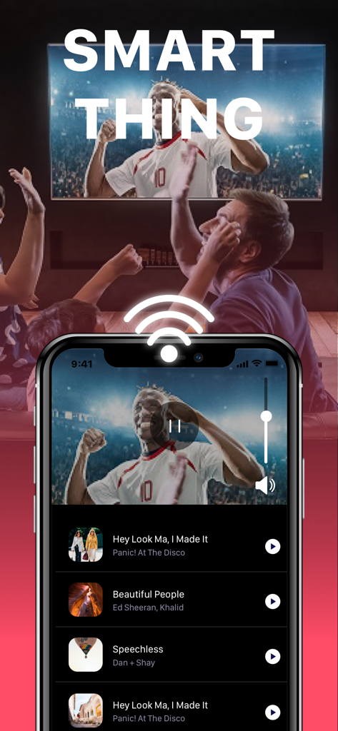 Interface de l'application iPhone contrôlant du contenu vidéo sur une Smart TV via une connexion sans fil.