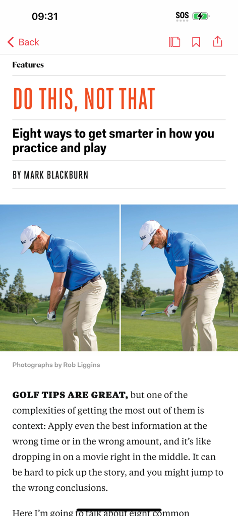 Golf Digest Magazine - Golf Digest article titled Do This Not That showing side by side photos of a golfer practicing swing posture