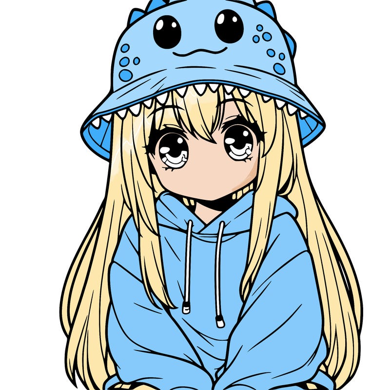 girl with anime shaped eyes with a dinosaur bucket hat oversized sweatshirt long straight hair