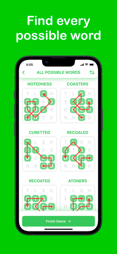 Word Hunt Solver - Mobile app interface of Word Hunt Solver displaying a list of found words and their corresponding swipe patterns on a 4x4 grid board