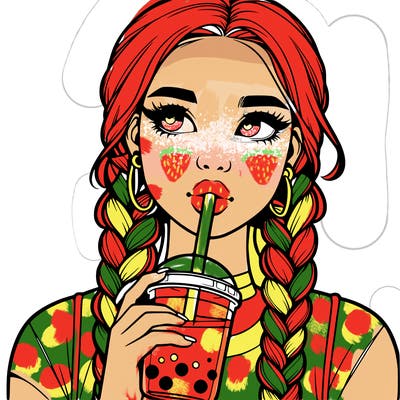 realistic girl with braided hair drinking boba