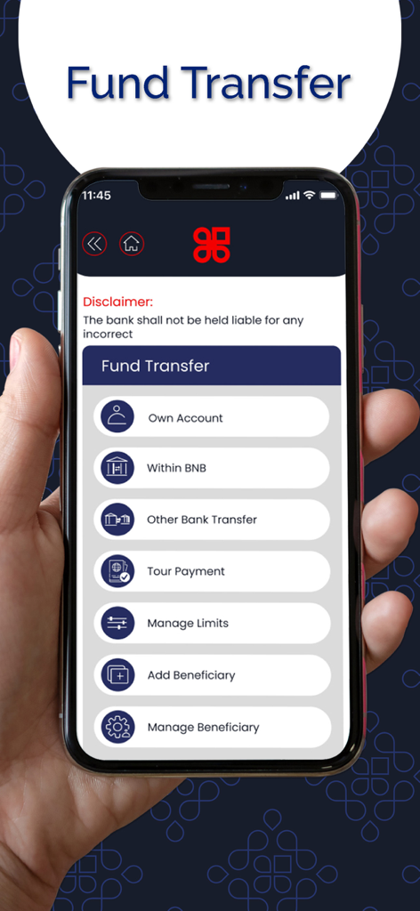 Pantalla móvil de la aplicación BNB MPay que muestra opciones de transferencia de fondos, incluidas transferencias a cuenta propia y a otros bancos.