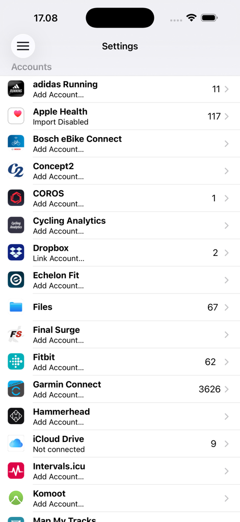 RunGap - Workout Data Manager - Eine Liste verbundener Fitnesskonten und Datenquellen im Einstellungsbildschirm der RunGap-App