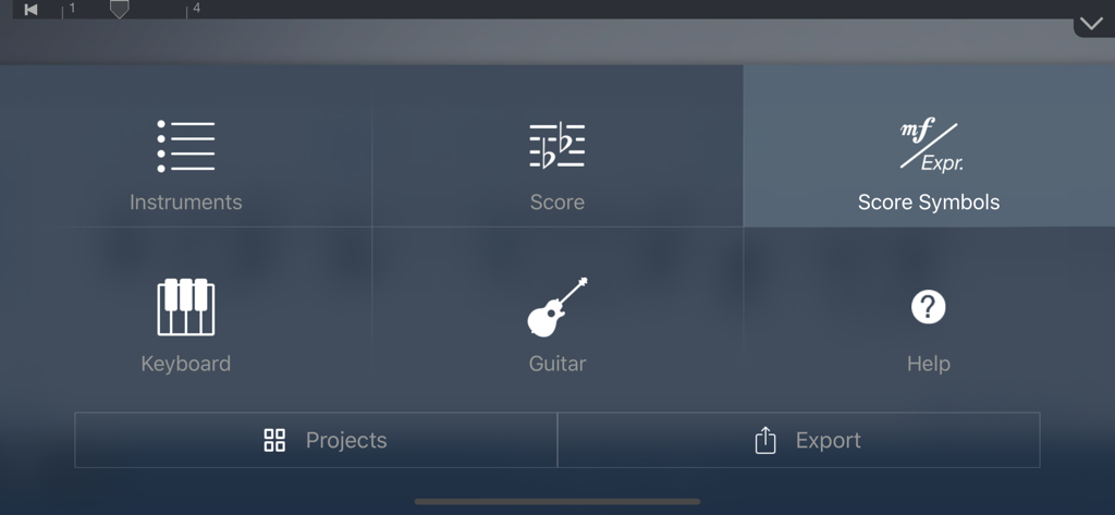 Symphony Pro - Music Notation - Main menu interface of Symphony Pro music notation app featuring instrument, score, and symbol tool icons