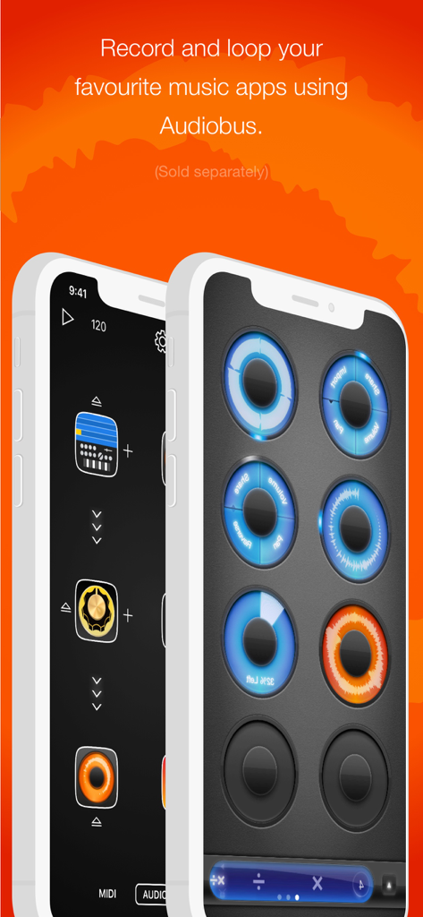 Loopy HD app interface showing circular audio loops and Audiobus integration for recording music apps